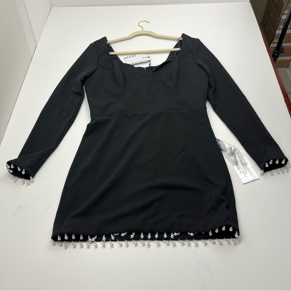 Dress the Population Ronin Pearl Trim Black Mini Dress Size Large Cocktail NEW